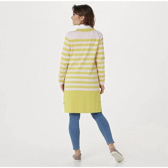 Isaac Mizrahi XL Stripe Button Front Cardigan Sweater Long Duster Green Pink - Picture 2 of 14